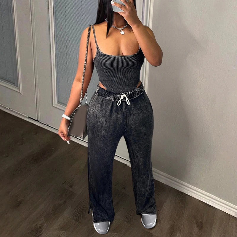 Women fitted bodysuit set good stretchy ribbed snatched bodysuit with oversized jogger pants two pieces sets