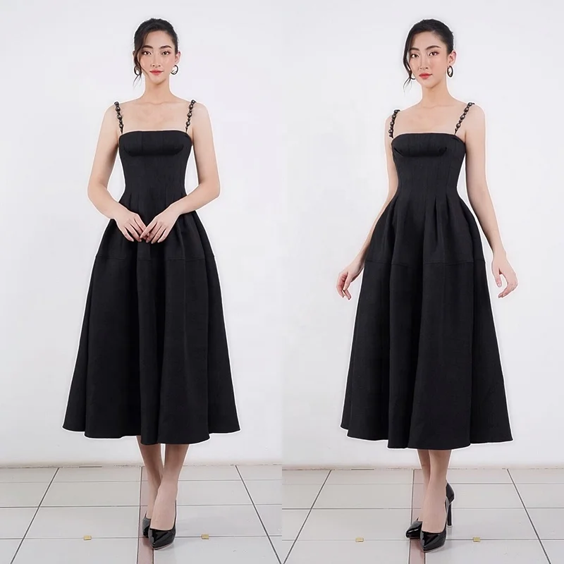 2022 New Light Luxury Dress Design Slim Simple Black Sling Dress Party Evening Dress