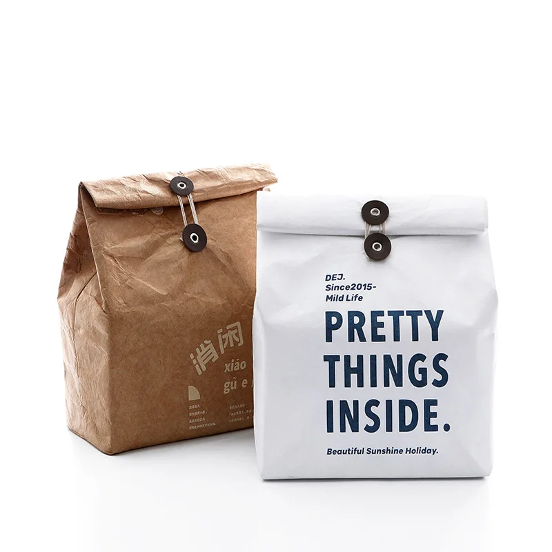 Retro Design Custom Foil Lined Biodegradable Waterproof Washable Insulated Tyvek Kraft Paper Dupont Thermal Cooler Lunch Bag