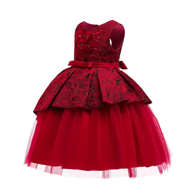 Summer High Quality Ropa Para Ninos Kids Ball Gown Flower Girls Dress Luxury Evening Party Dress with Embroidery Bowknot Sunny