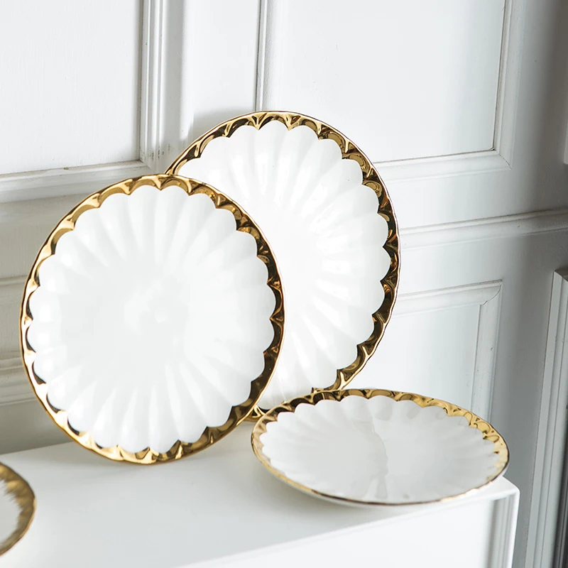 European Style Luxury Ceramic Serving Plates Dishes Gold Rim White Dinner Plates Tableware 8/9/10 Inch Porcelain Dishes & Plates