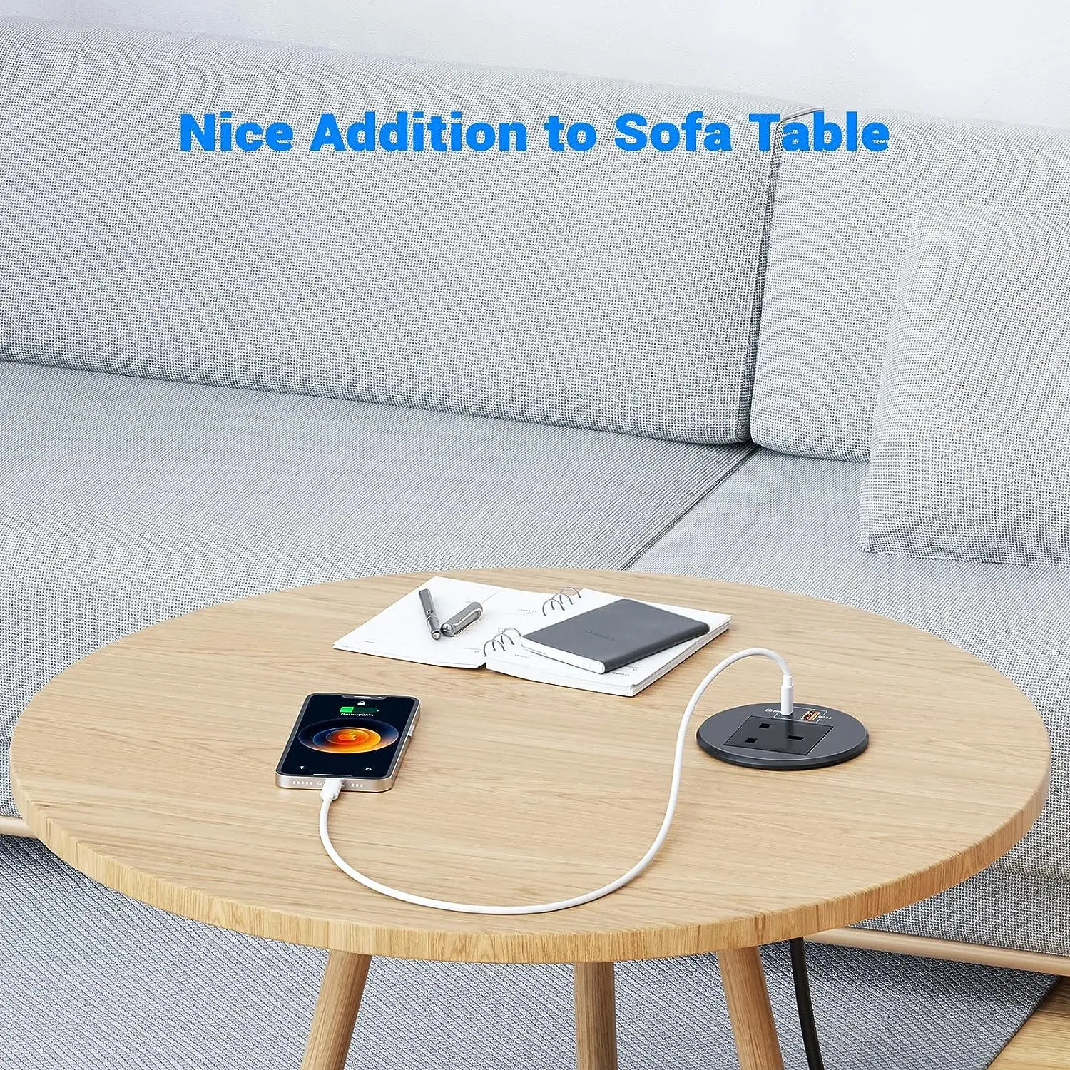 Smart 80mm UK plug recessed mounted smart round grommet socket for desk with 1AC power outlet 20W USB-C fast charger