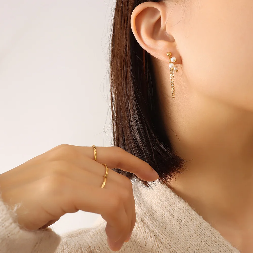 Exquisite Baroque freshwater pearl thin chain tassel long earrings double way  back stud post ear ring for girls