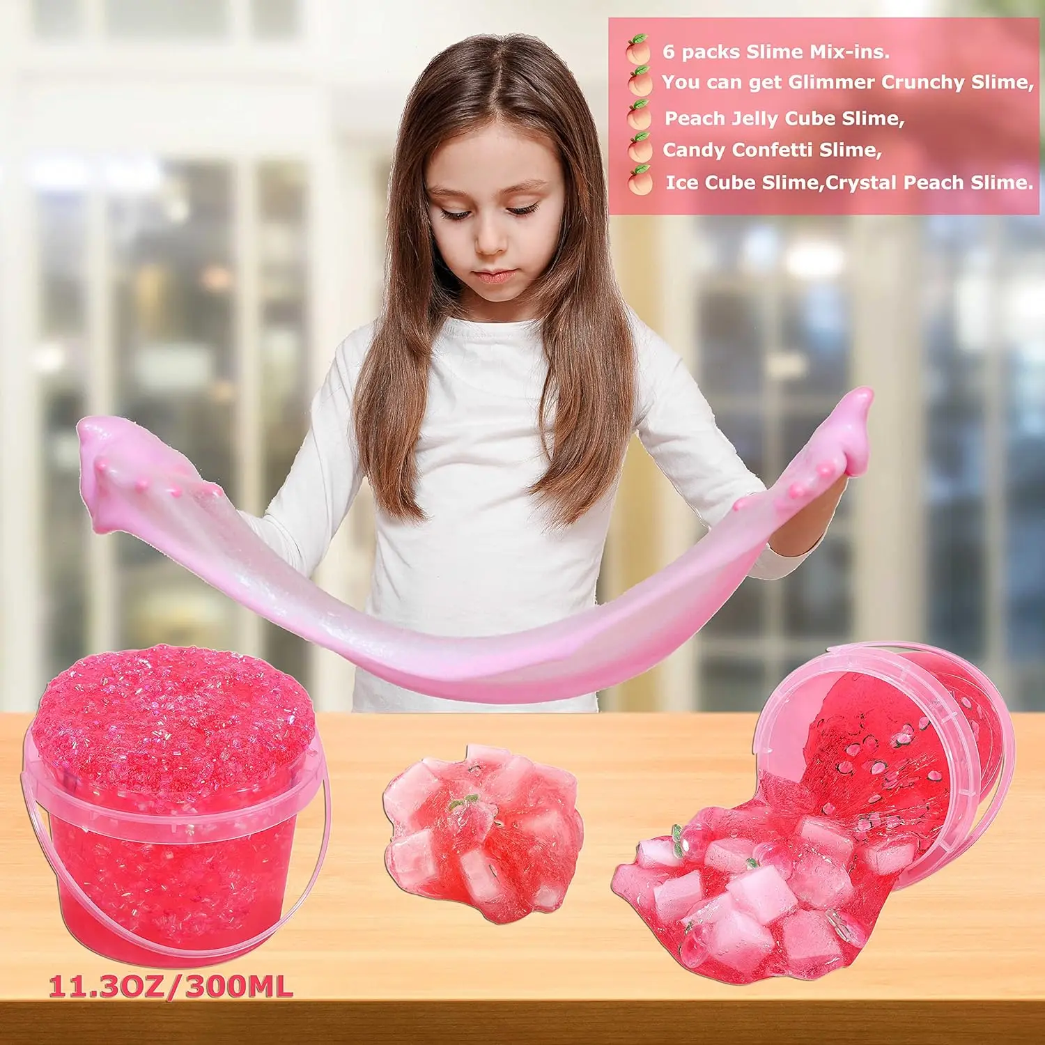 Premade Crystal Slime Peach Pink Jelly Cube Glimmer Crunchy Slime  With 6 Sets of Slime Add-ins Party Favors for Kids