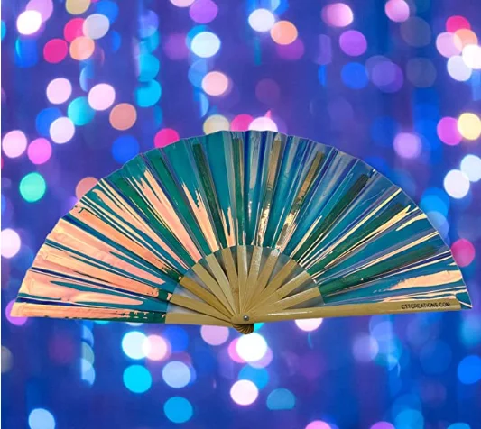Large Folding Fan- 13 inches Tall 25 inches Wide- Hand Fan- Cleat Iridescent Holographic  hand Fan for Events Rave Concert