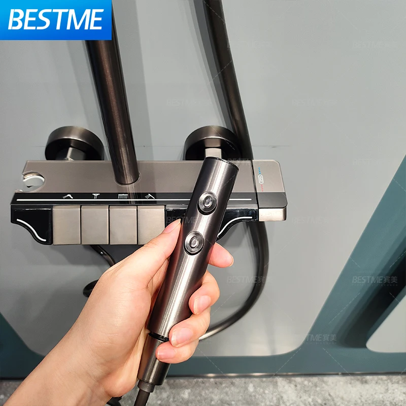Gun Gray Bathroom Intelligent Piano Digital Display Faucet Shower Rainfall System Set Hot Cold 4 Functions Tap Shower Set