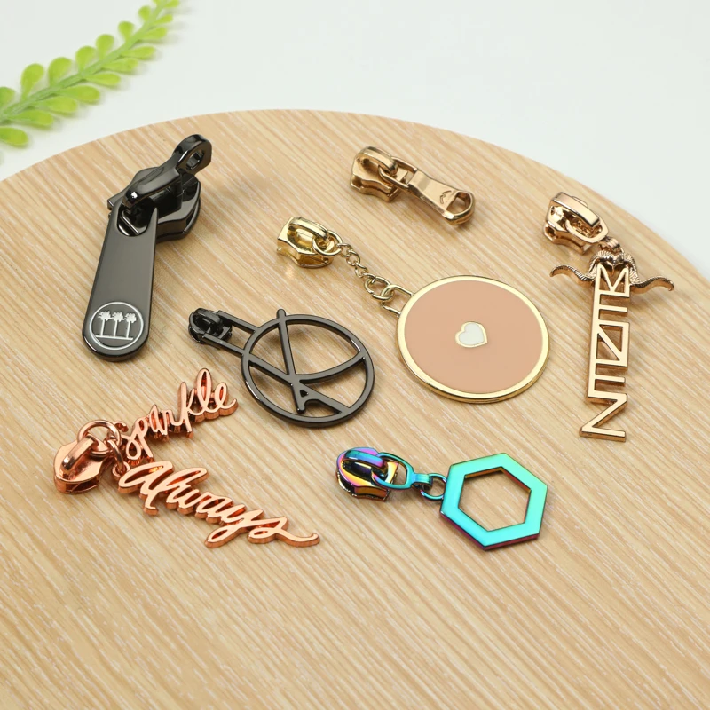 Custom letters logo Auto lock zipper puller engraved logo metal replacement zip fastener puller