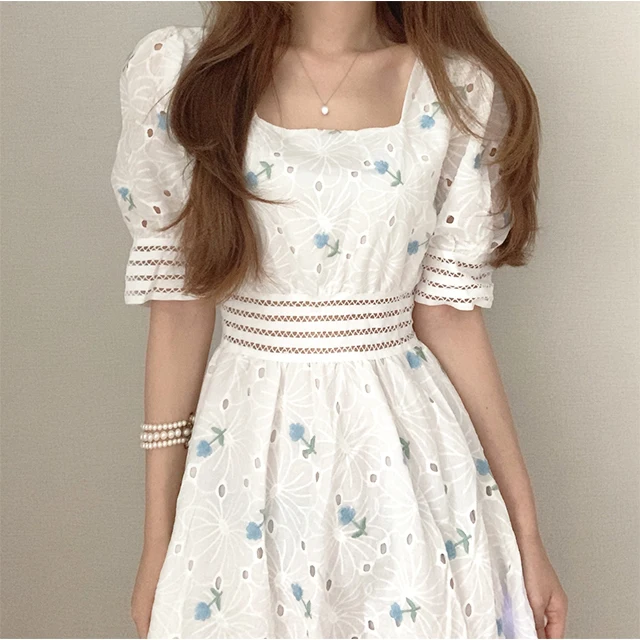 Korean Fashion Square Neck short Sleeve Floral Dress Women Sweet Dresses Clothing Wholesale