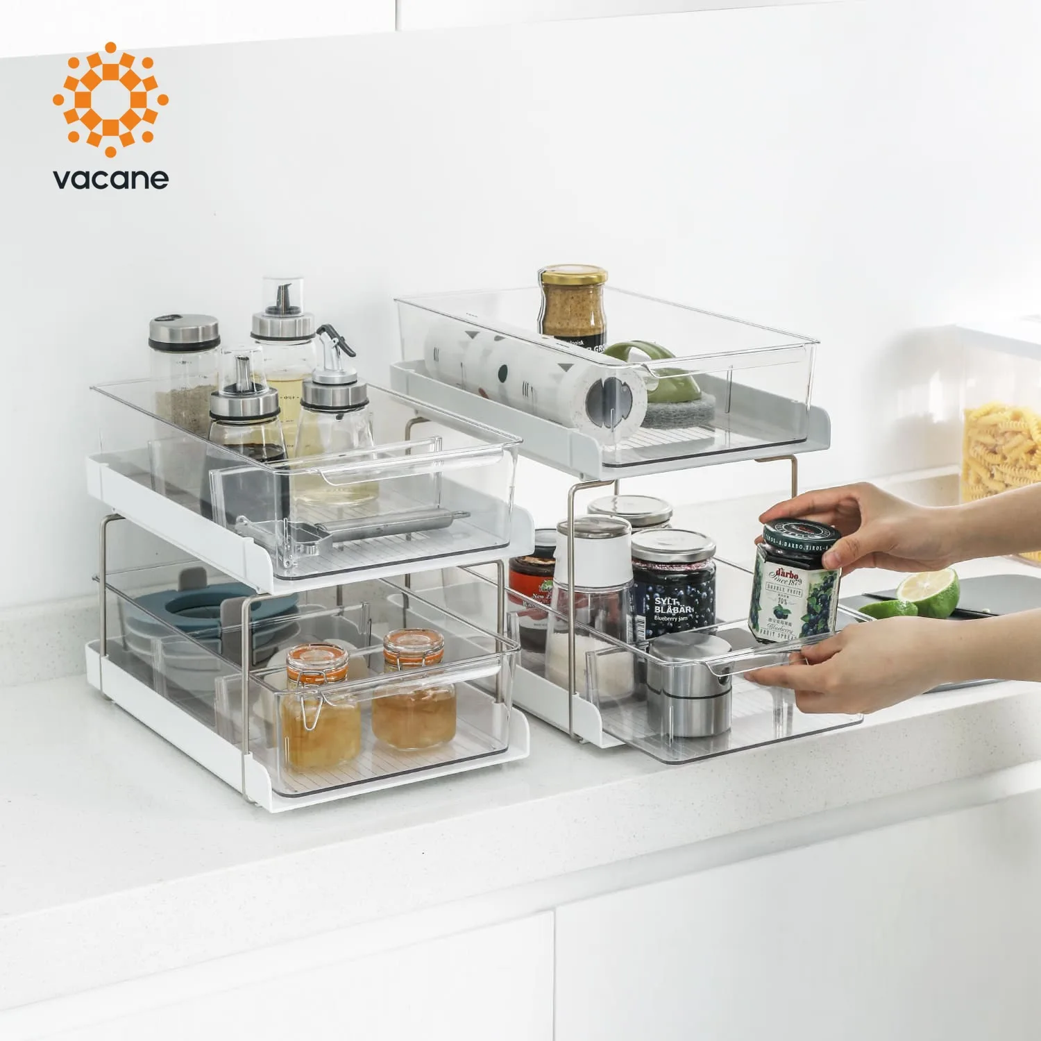 Vacane Fashion Design Utility Shelf Collapsible Rack 2 Layers White Kitchen Bathroom Plastic Under Sink Cabinet Organizer