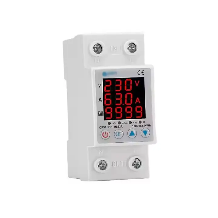 63A 230V 3IN1 Display Din rail adjustable over under voltage surge protector relay over current protect Kwh Power watt Meter
