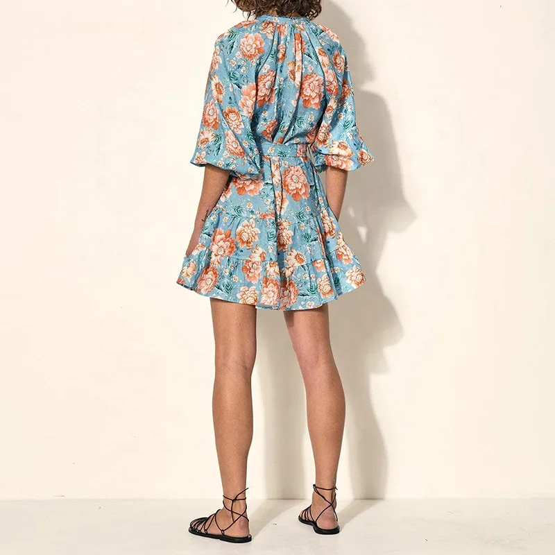 Hot Sale V-neck Floral Print Linen Dress Bohemian Holiday Style Lantern Half Sleeve Mini Dresses With Belt For Women