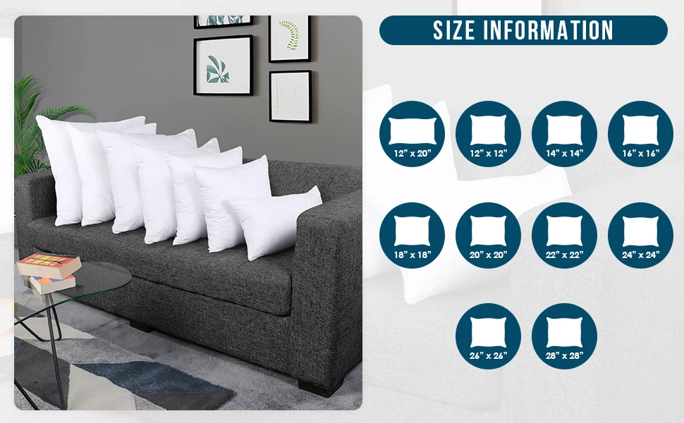 Hypoallergenic Throw Pillow for Couch or Bed Decorative Insert Square/100% Polyester/nches Bed and Couch Pillows Indoor