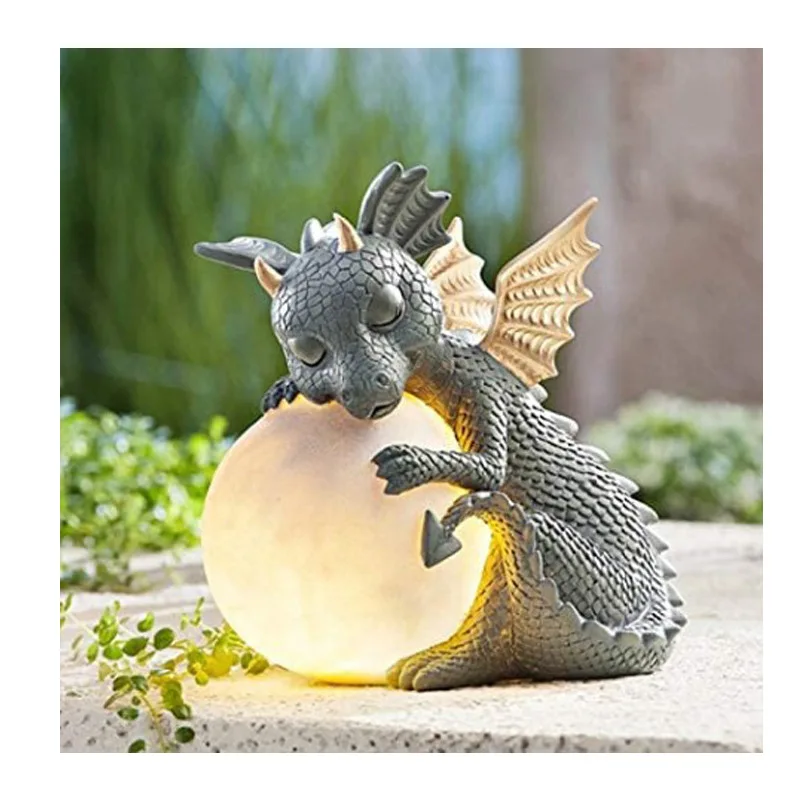 New 3D Small Dinosaur Garden Dragon Meditation Fairy Statue Solar Powered LED Lights Resin Table Lamps Garden Decoration