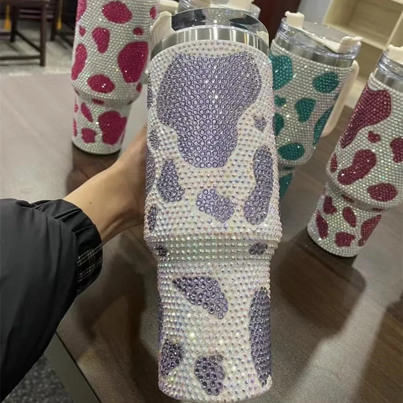 40oz Diamond Mug Tumbler With Handle Cow Design Insulated Tumbler With Lids Straw Stainless Steel In-Car Vacuum Cups DOM107