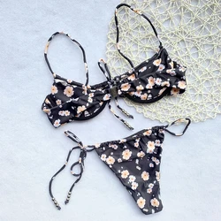 Bandage Mirco Brazilian Bikini Floral and Striped Two Pieces Swimsuit Padded Thong Tie Side Bathing Suits