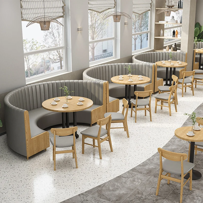 Customized Indoor Wooden Restaurant Furniture Semicircle Leather Booth Seating Sofa Bench With Table and Chairs Sets for Cafe