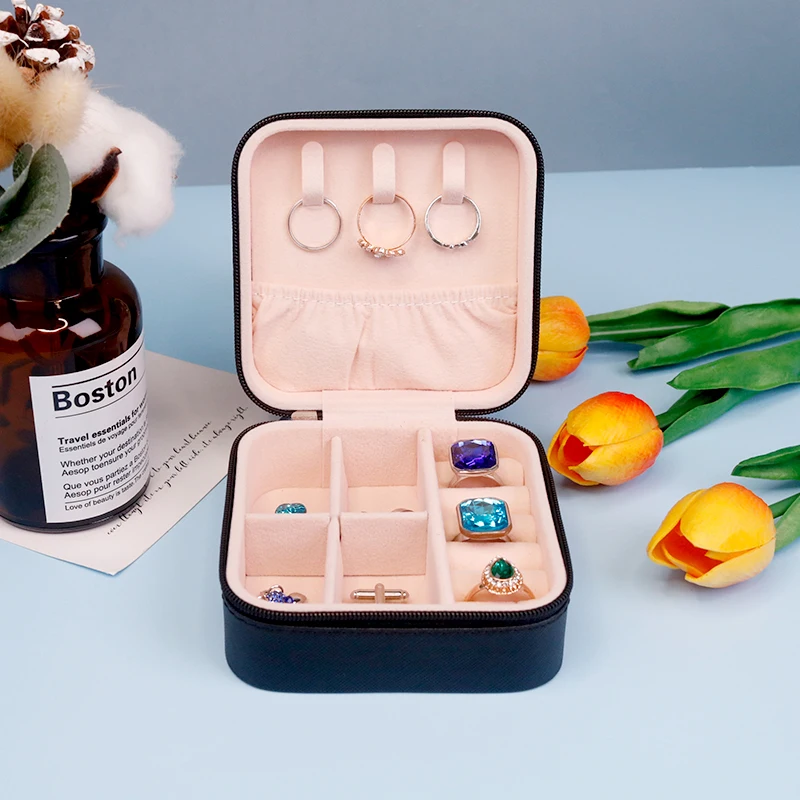 Leather Jewelry Storage Travel Box Velvet Jewelry Ring Earring Pendant Necklace Packaging Gift Box Wholesale Custom Logo Black