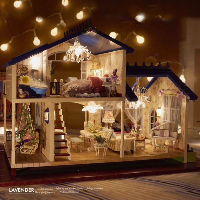 Christmas Gift Handmade Miniature Doll House Model with Furniture Dust Proof Music LED Lights Wooden DIY Doll house Kit