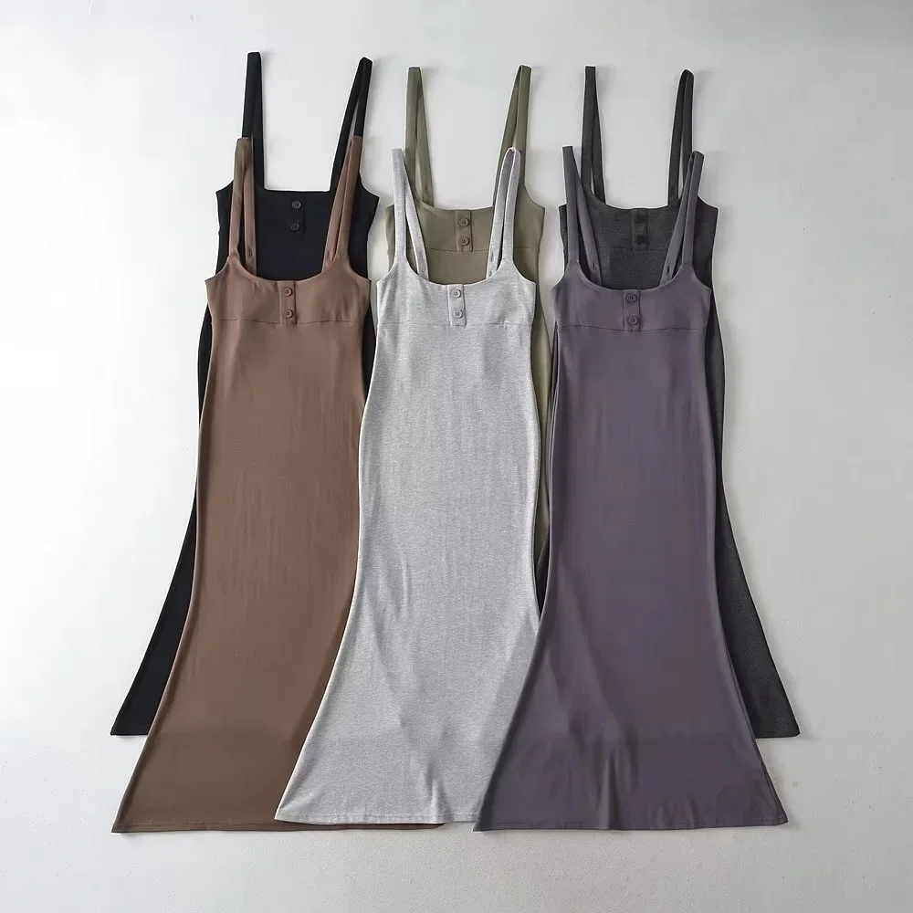 High Stretch Flared Midi Mermaid Flared Bottom Tank Casual Women Dress Button Front