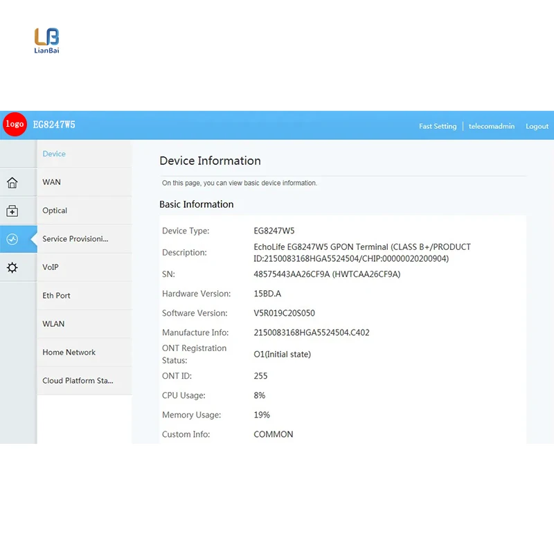Factory Price hw Eg8247w5 Dual Band Catv Ont Onu Gpon Onu 4ge+1usb+1tel+catv+2.4g&5g