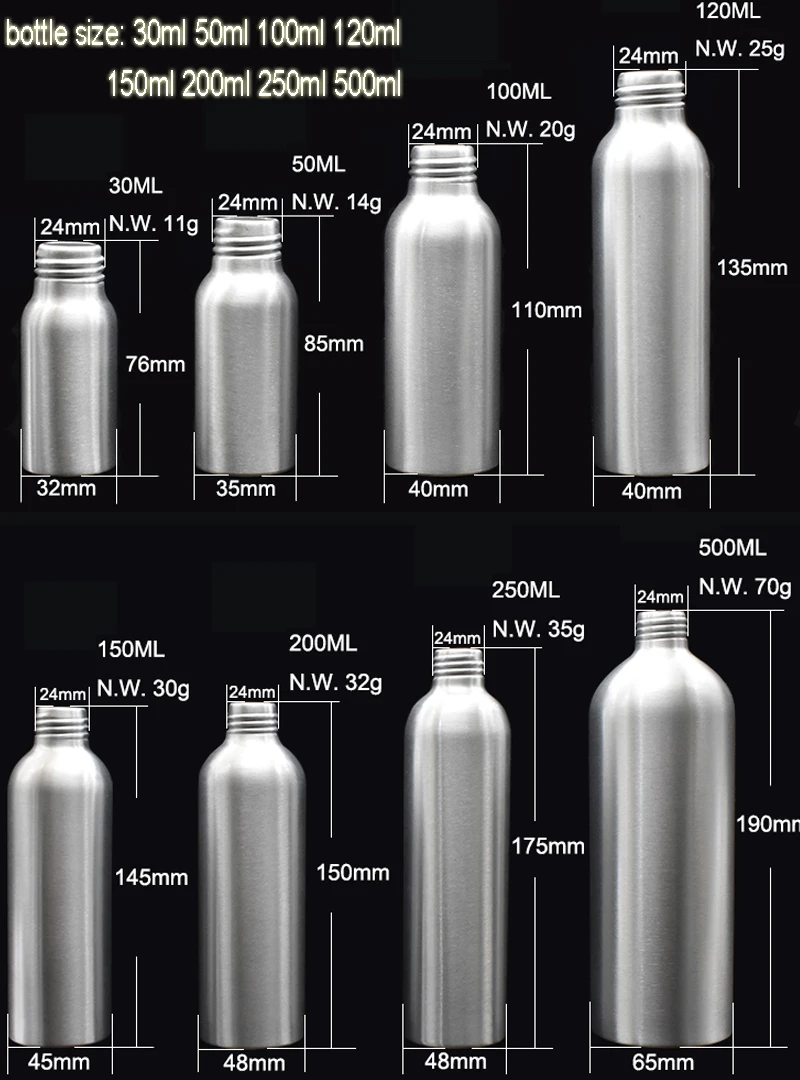 refillable 30ml 50ml 100ml 120ml 150ml 200ml 250ml 500ml aluminum cosmetic bottle with pump top
