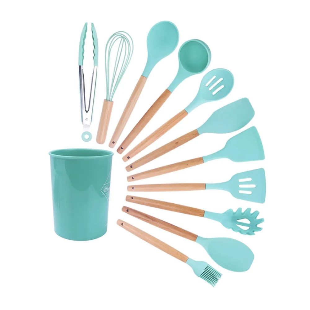 
12Pcs Non-stick Heat Resistant Food Grade Silicone Kitchen tools set with Wooden Handle Cooking Utensil 
