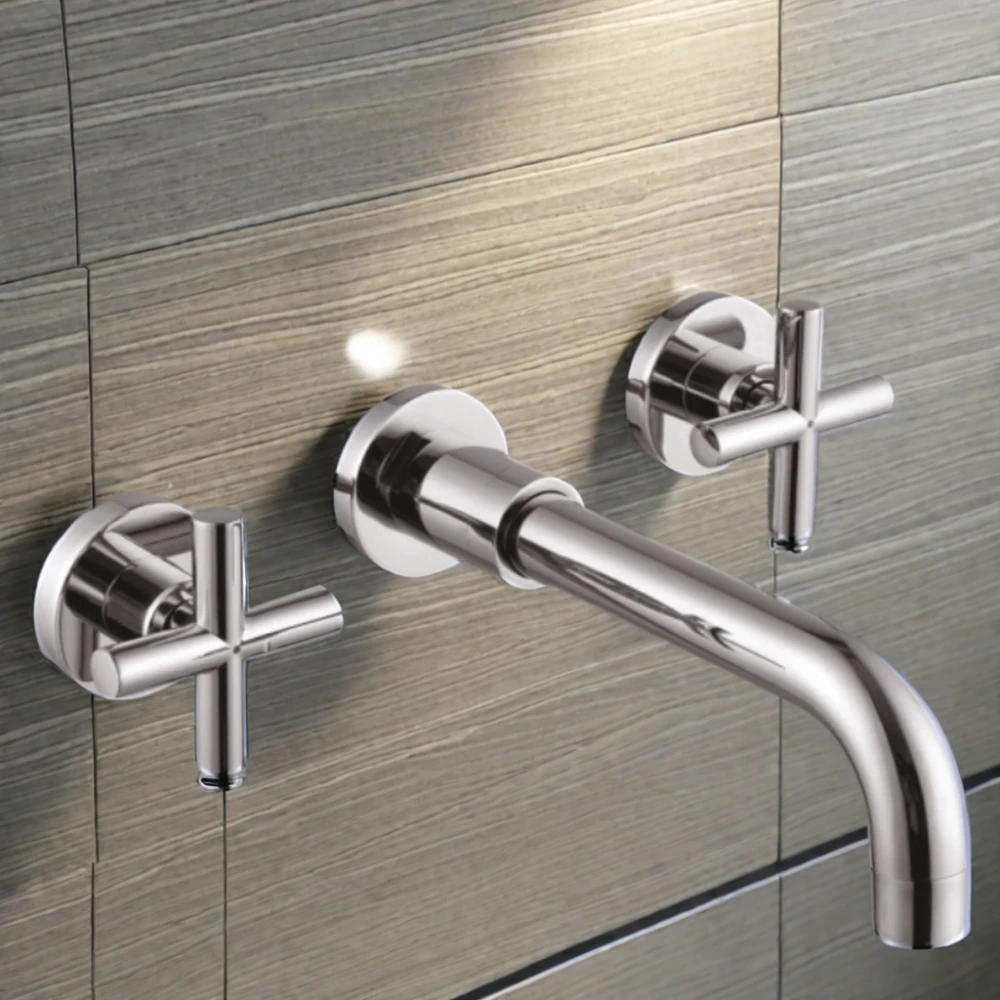 Modern Dual-Handle Chrome Plated Brass Basin Tap New Wall-Mounted Kitchen Faucet Zinc Ceramic Material for Hotels Bathrooms