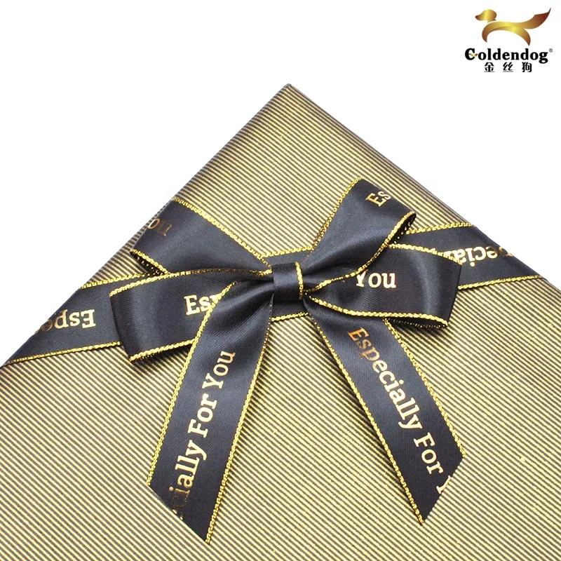 Custom LOGO Printing Pre-tied Gift with Elastic Band Gold Edge Satin Bow Ribbon
