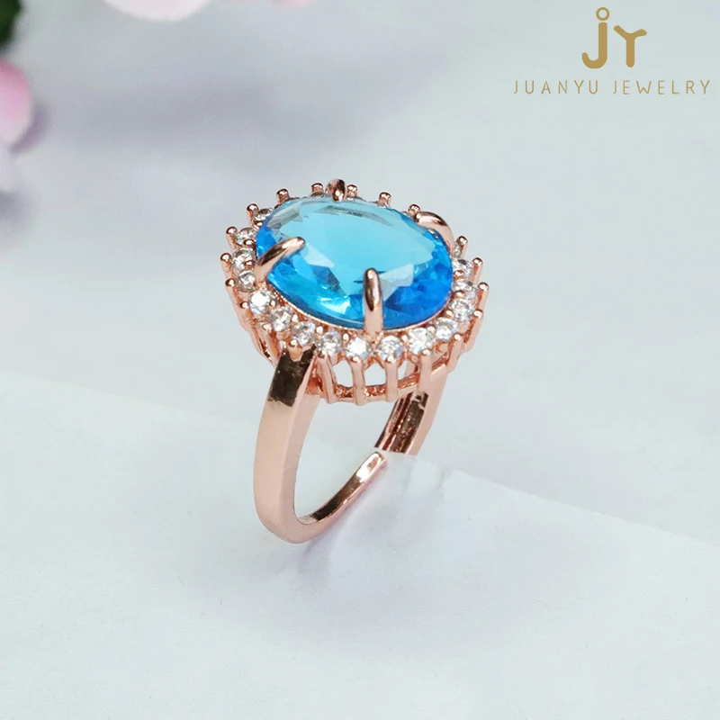 Oval Shape Blue Cubic Zirconia Rings Wholesale Jewelry Stone Luxurious Coloured Glaze Rings Healing Crystal and Topaz Rings