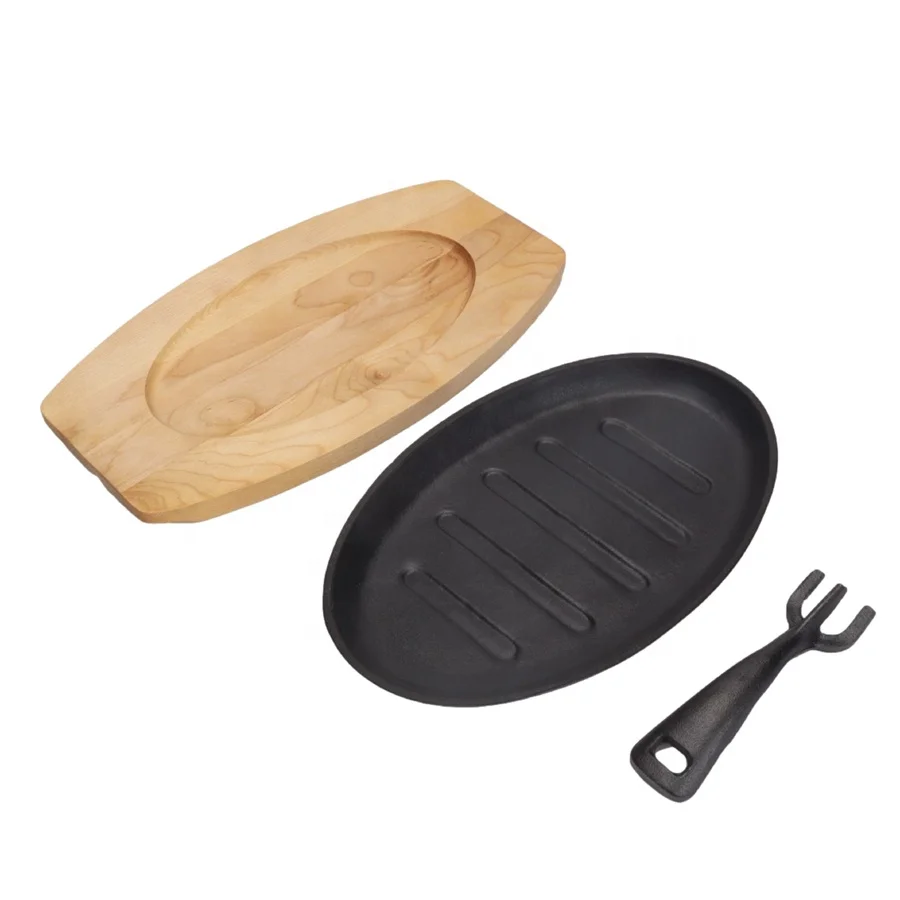 Hot Sale Oval Shape Cast Iron Sizzling Pan Flat Bottom Steak Fish Frying Pan Fajita Plate Skillet with Wooden Base