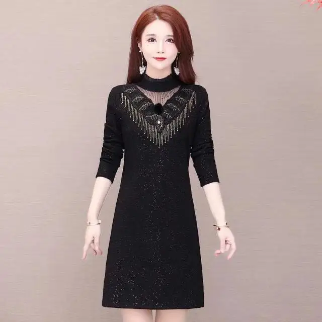 Fall/Winter 2021 new style plus velvet thick embroidered hot diamond bottoming skirt thin and belly-covering plus size dress