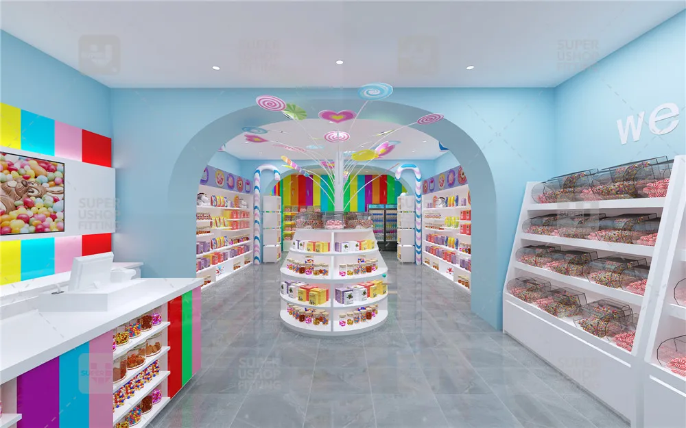 Красочная подставка для леденцов самостоятельной сборки голубой сладкий магазин украшение круглые деревянные корзины конфет на заказ акриловая витрина полка продажи