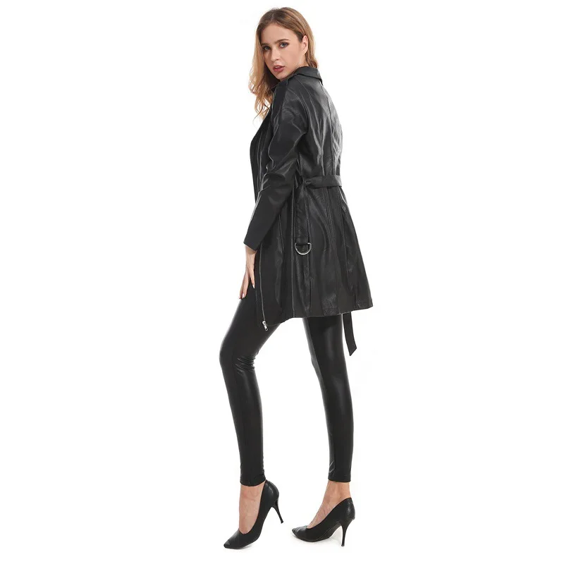 Sidiou Group Womens Long Winter Leather Coat Windbreaker Slim Fit Jacket With Belt Pu Biker Jacket