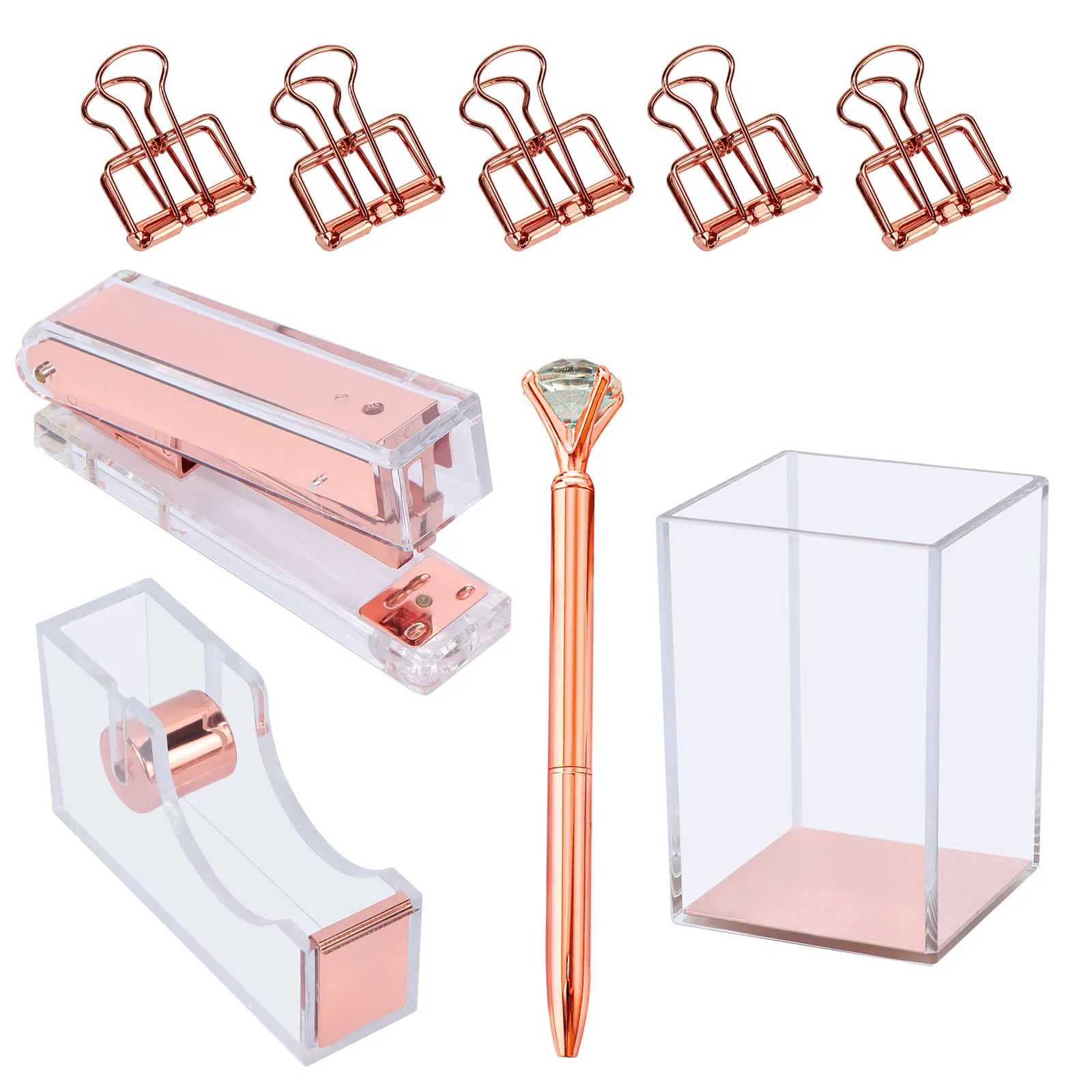 Luxury Acrylic Metal Customized Office Supplies Stationery Rose Gold Desk Organizer Set