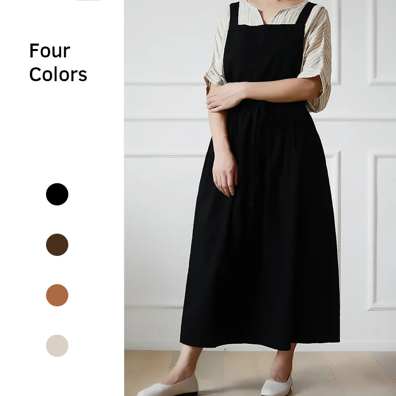 100% Cotton Sleeveless Women Long Apron Skirt Home Garden Kitchen Cooking Cafe Barista Baking Flower Shop Waitress Work Bib Logo