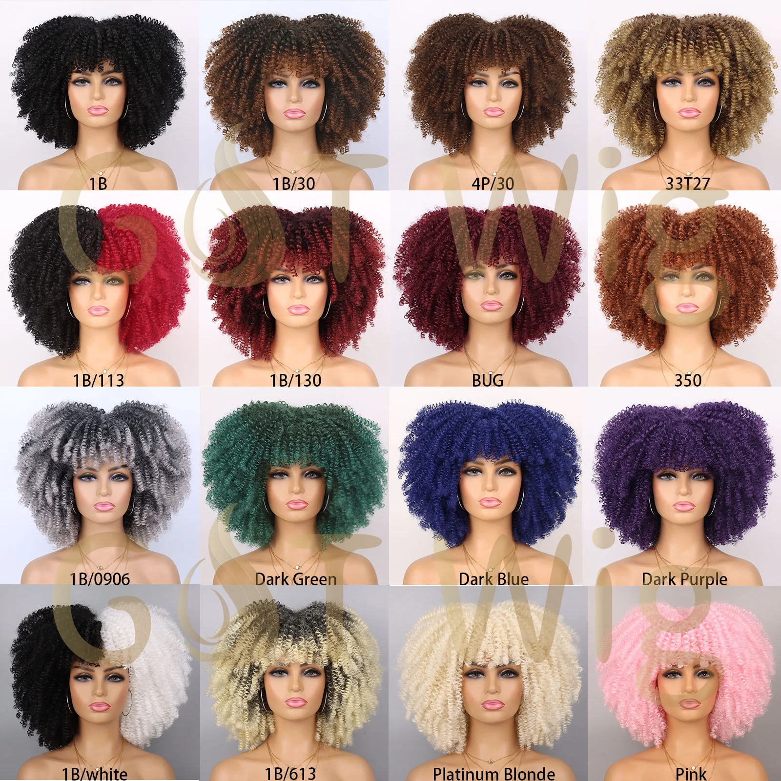 G&T Wig Wholesale Short  Kinky Curly  with Bangs for Black Women Ombre Brown Afro Curly Synthetic Wigs