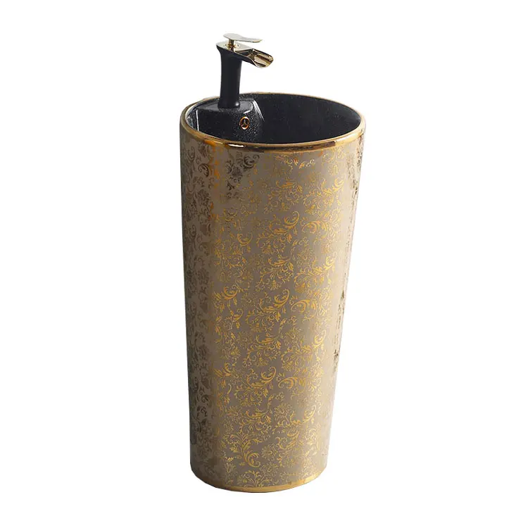 European Matte Gold Flower Designs Color Basin Design Sets Wash Basin Stand Pedestal Bathroom Ceramic Carton Box Round 1 Sets
