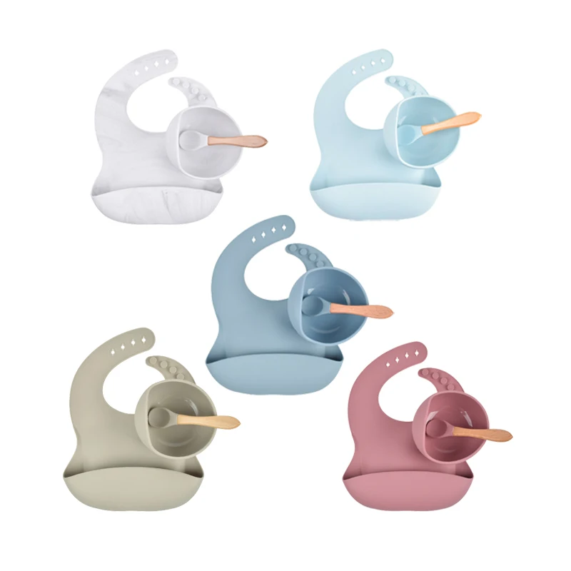 Dinner cup bib feeding gift weaning fork spoon silicone kids suction baby food plate and bowl set