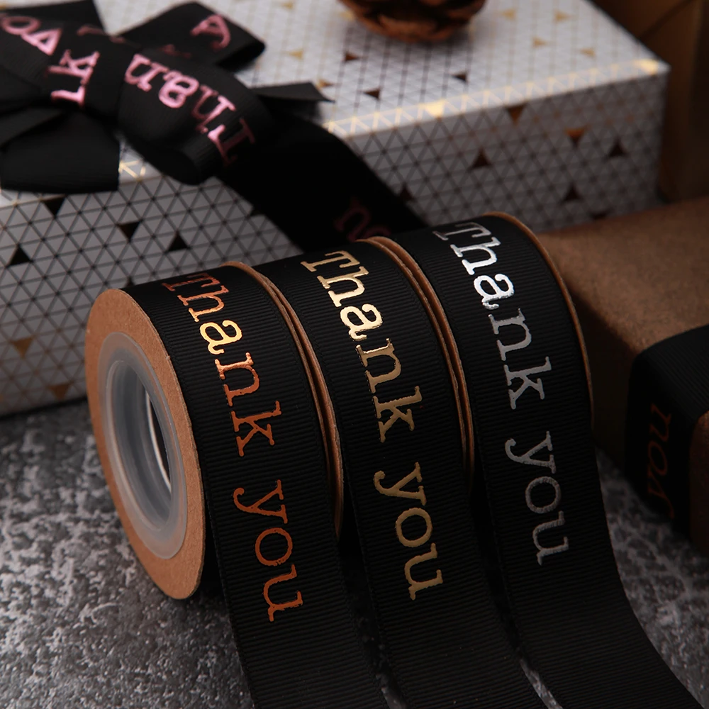 Custom Designer 3inch 50 Yards Grosgrain Branded Stamping 3d Gold Foil Satin Floral 15mm Logo Print Ribbon