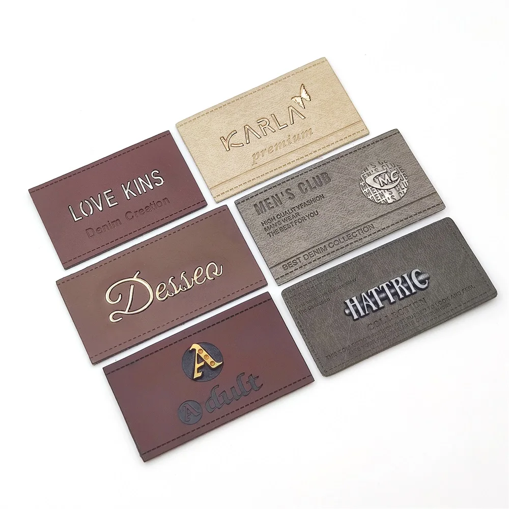 Brand jeans pu label patch embossed Custom logo garment clothes metal pu logo tags name leather label with metal