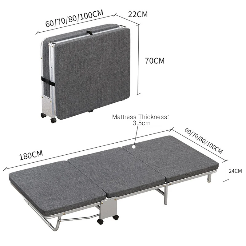Rollaway Folding Bed with Mattress Portable Camping Cot Guest Bed, Office Movable Nap Sleeper with Wheels Sturdy Metal Frame