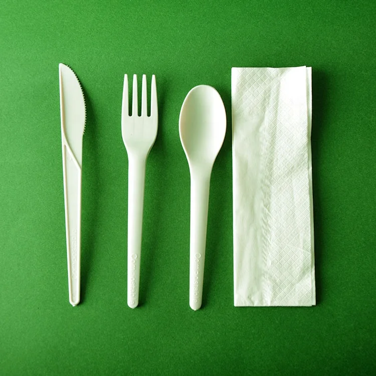 CPLA Polylactic Acid cutlery set with PLA wrap knife fork spoon napkin all in one 100% compostable biodegradable