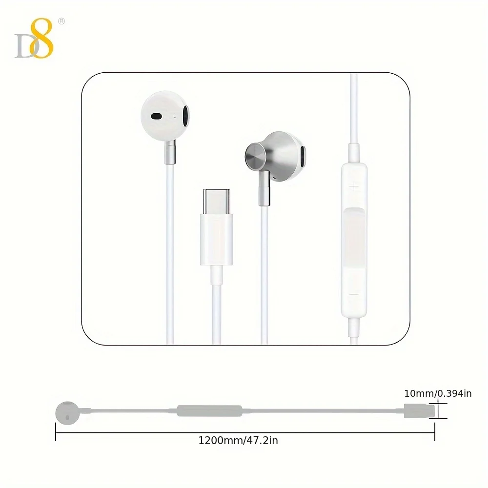 D8 Usb Type C Headphones In Ear Earphones Earbuds Mic Volume Earbud In-ear Headphones Gaming Headphones With Mic For Mobile