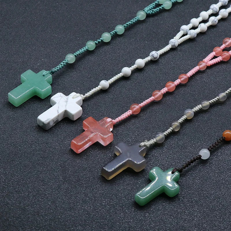 Christian Knot Mala Beads Meditation Yoga Natural Stone Beaded Crystal Gemstone Cross Pendant Mala Rosary Necklace Men Women