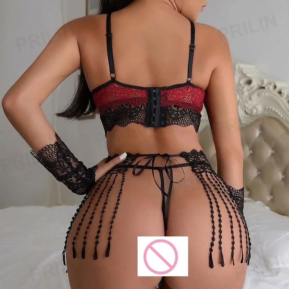 X1271 High Quality 4pcs Bra and Panty set with Tassels Garter Erotic Underwear for wman Sexy Embroidery Lace Lingerie set