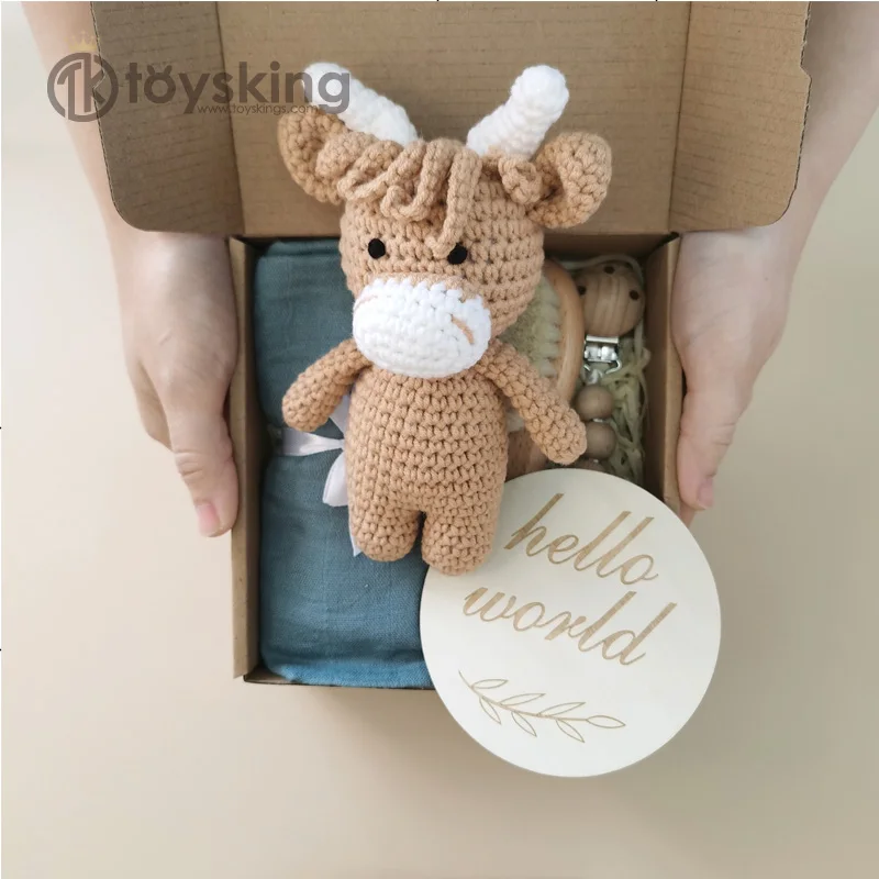 Hot Sale Custom Amigurumi Cow Crocheted Animals Crochet Cow Gifts Freely Match Baby Gift for Infant Shower Party
