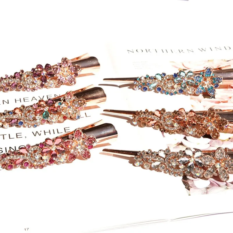 Sparkly Flower Leaf Rhinestone Long Metal Alligator Hair Clips Duckbill Clips Barrettes Hair Pins Accessories for Women Girls