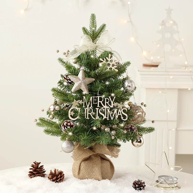 45CM Factory Sale PE PVC Christmas Table Top Tree With Ball Pine Cone and Linen Wrapped Christmas Decoration Supplies