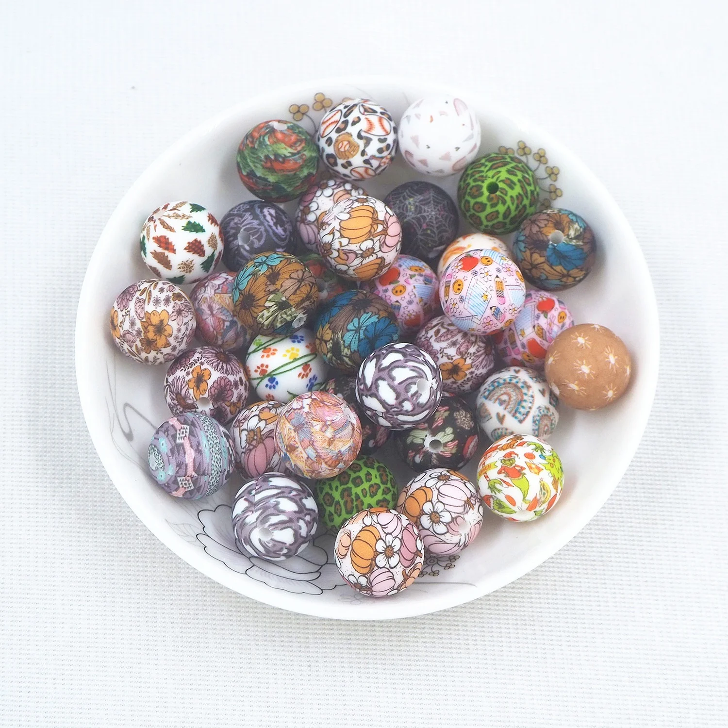 Hot Sale Food Grade Western Printing Pena Funny Leopard Print Bead Round 15 mm Silicone Printed Beads For Pen Making