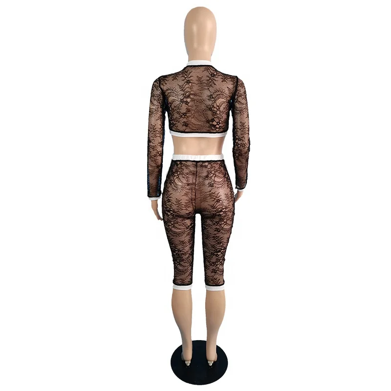
QC-TC077 2021Trending transparent lace fabric long sleeve top and short pants black two piece shorts set 